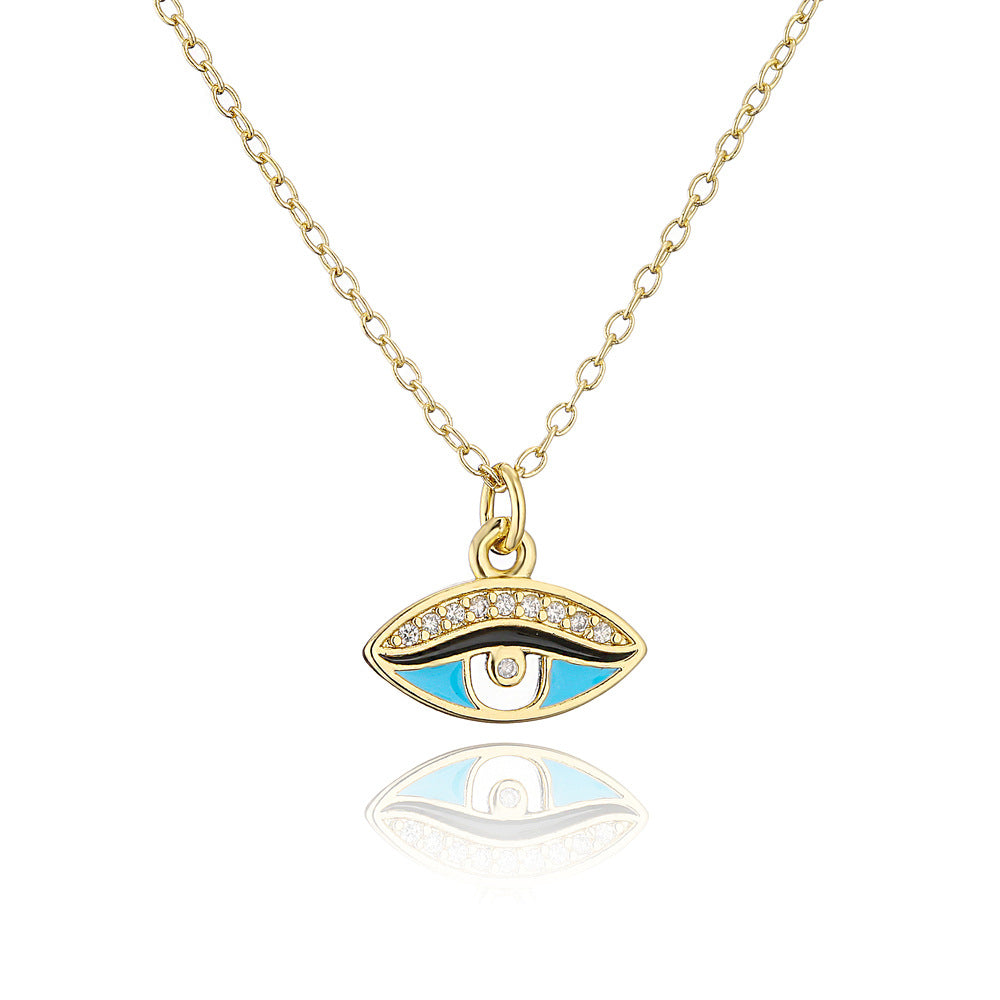 Geometric Drip Oil Brass Gold Plated Cubic Zirconia Eye Pendant Necklace for Women