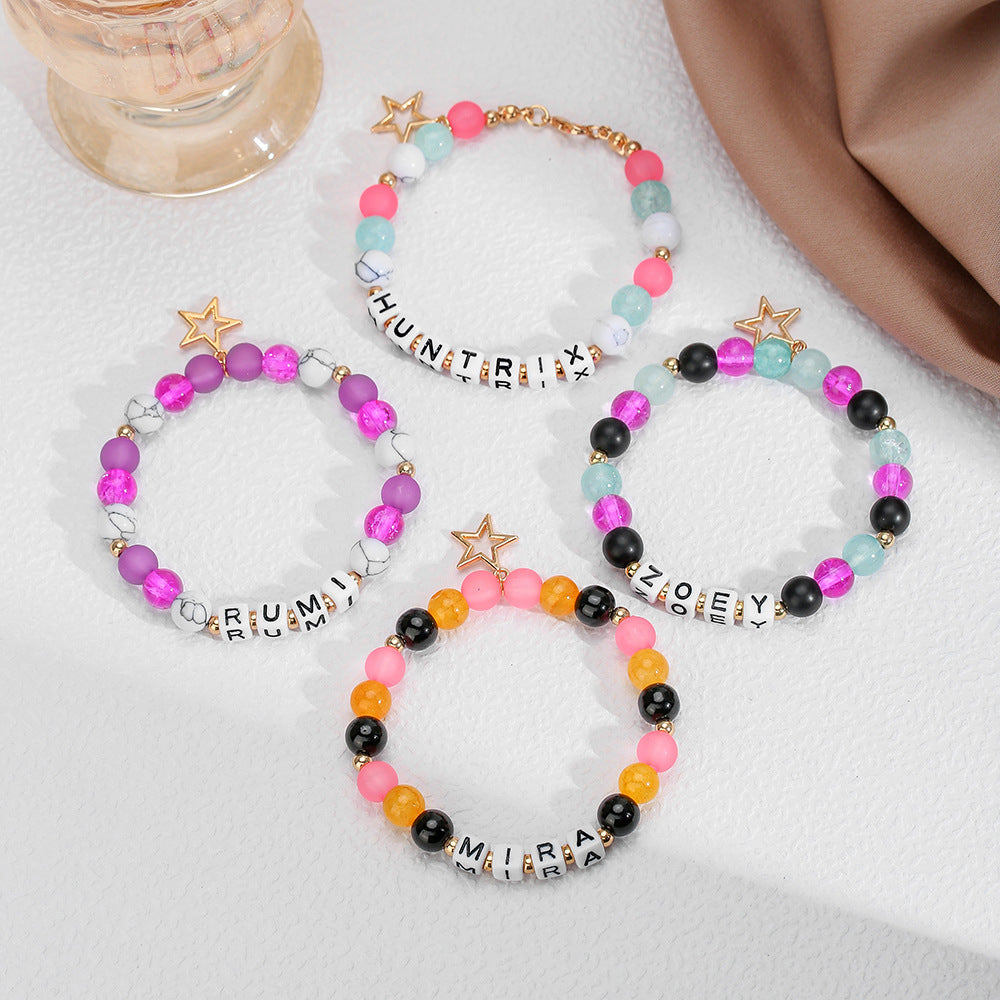 Cute Handmade Acrylic Glass Letter Round Beaded Stretch Bracelet