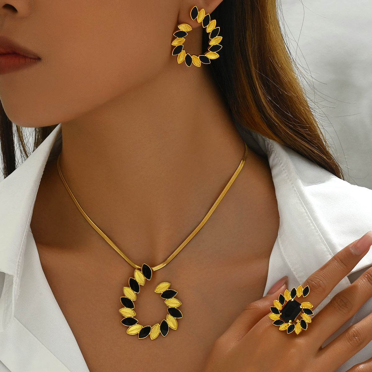 Dulce juego de collar con colgante de espiga de trigo rústica con pendientes y pulsera en cobre con acabado esmaltado
