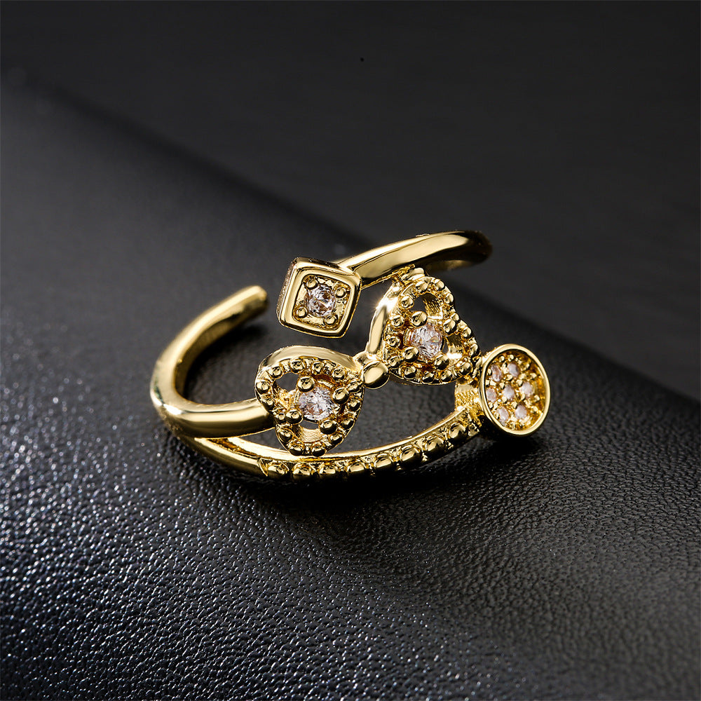 Minimalist Geometric Brass Ring with 18K Gold Plating and Cubic Zirconia Inlay for Women