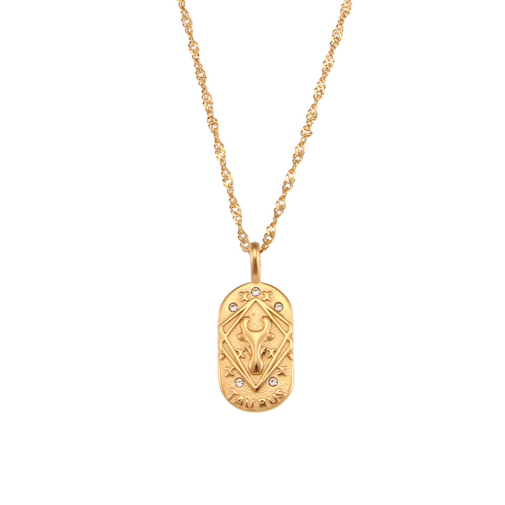 Collana con Pendente Zodiacale Retrò Minimalista in Acciaio Inossidabile con Intarsio di Strass da Donna
