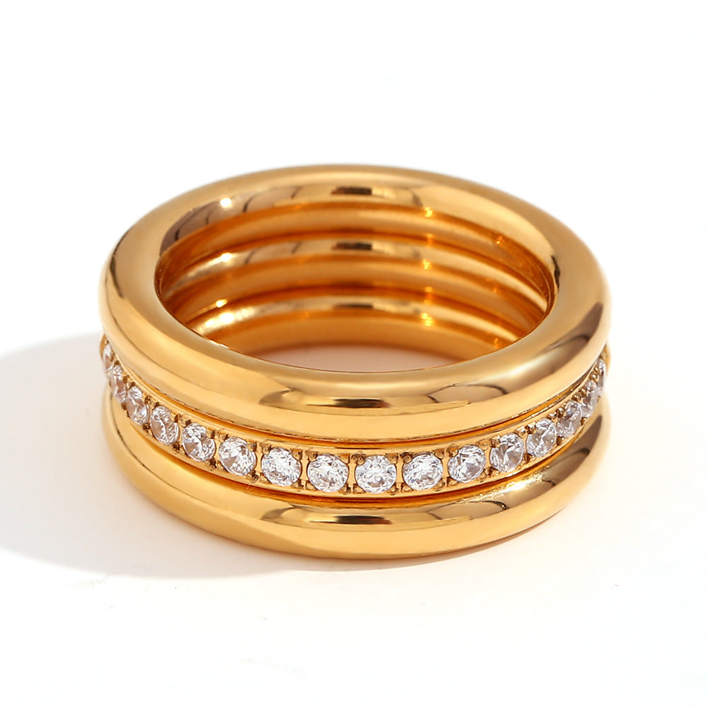 Fashionable Minimalist Geometric Stainless Steel Plated 18K Gold Zircon Ring Set for Women