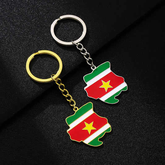 Portachiavi con Ciondolo a Mappa e Bandiera del Suriname in Acciaio Inossidabile, Stile Etnico Vintage