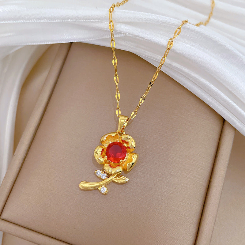 Sweet Red Rose and Moon Rhinestone Pendant Titanium Steel Necklace Set for Unisex