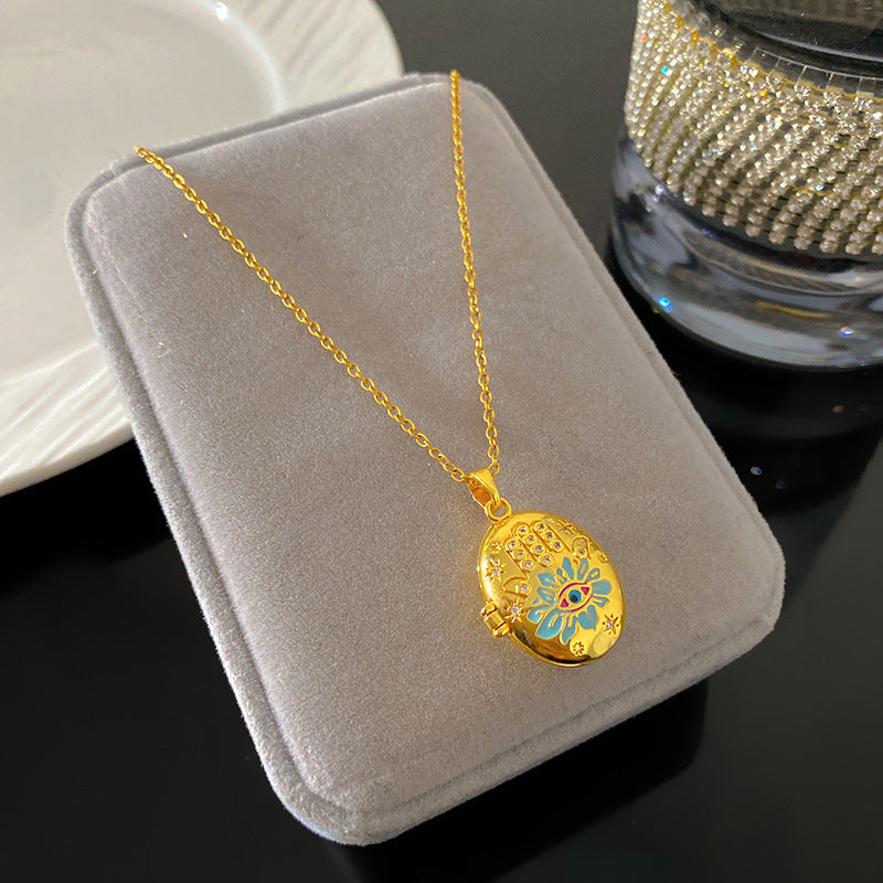 Vintage Drip Oil Floral Heart Oval Pendant Gold Plated Brass Necklace for Women