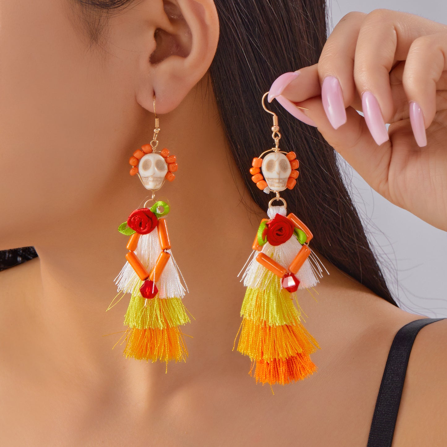 Pendientes de borla de calavera de Halloween para mujer, de aleación de zinc con acabado galvanizado