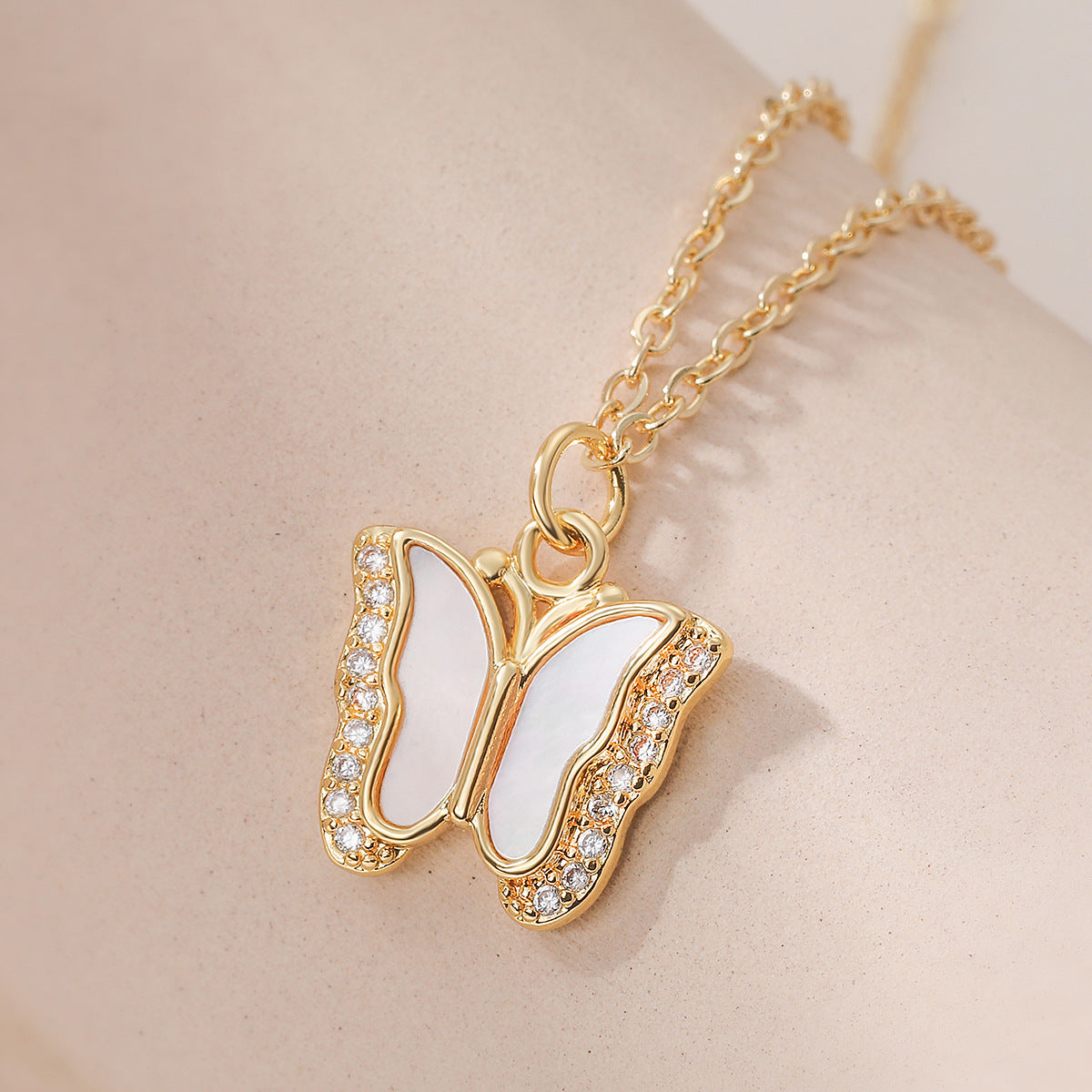 Minimalist Elegant 18K Gold Plated Brass Geometric Butterfly Pendant Necklace with Cubic Zirconia for Women