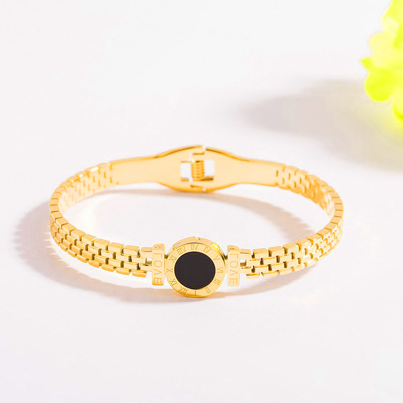 Minimalist 18K Gold Plated Titanium Steel Roman Numeral Watch Style Cuff Bracelet for Women