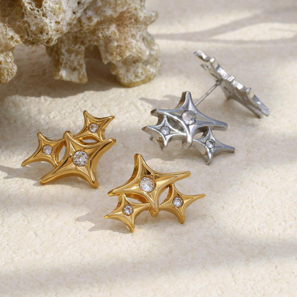 Orecchini a perno da donna a stella a quattro punte geometrica minimalista in acciaio inossidabile con placcatura in oro 18 carati