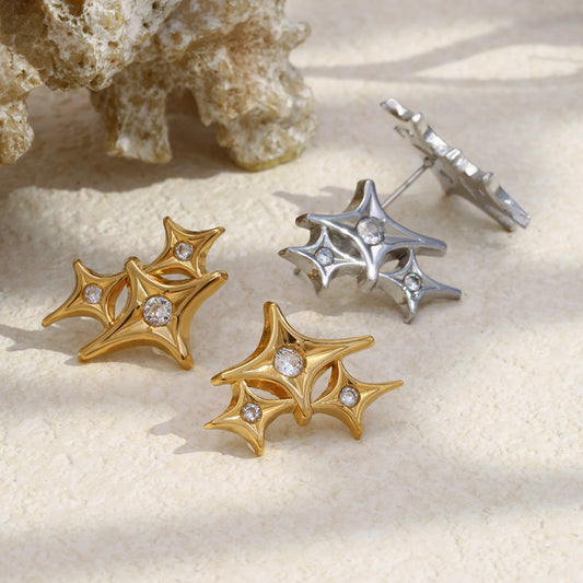 Minimalist Geometric Four-Pointed Star Stainless Steel Earrings with 18K Gold Plating for Women