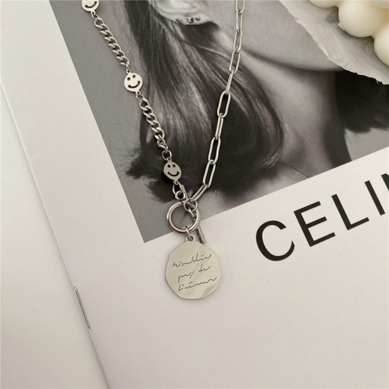Minimalist Smile Face Letter Pendant Necklace in Titanium Steel with Plated Finish for Women and Men