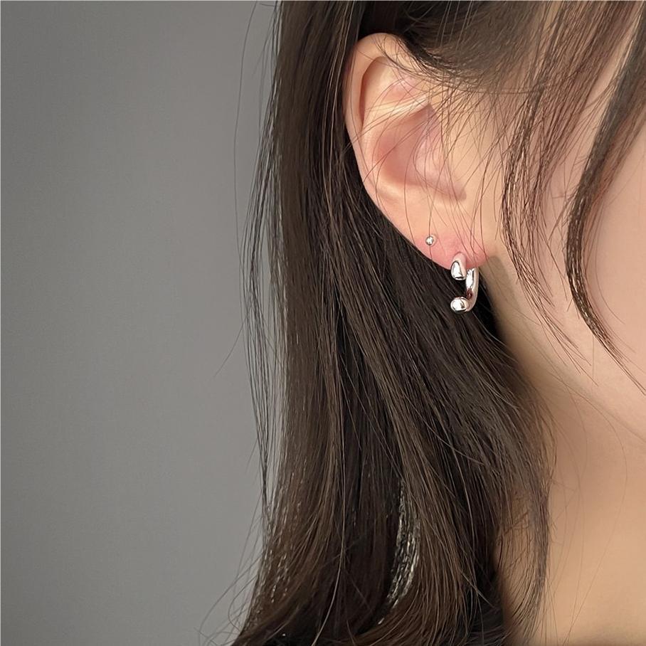 Sweet 925 Sterling Silver Geometric U-Shaped Hoop Earrings with Pearl Inlay Polka Dot Design