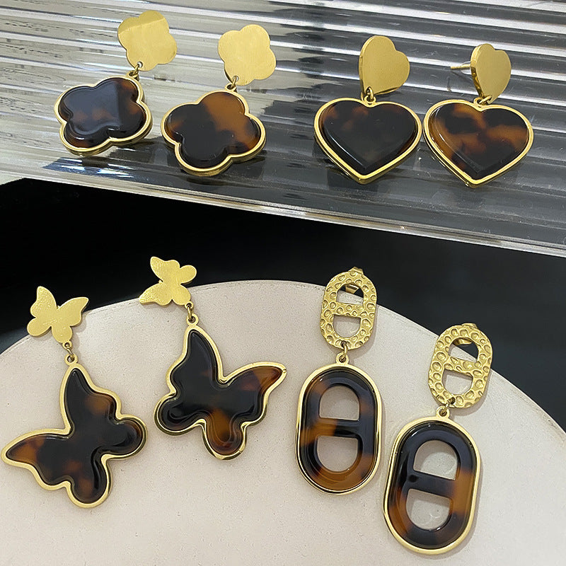 Vintage Elegant Leopard Print Heart Plated Brass Earrings