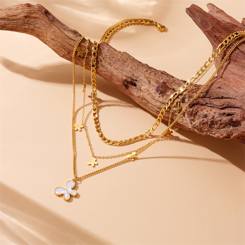 Fashion Layered Stainless Steel Plated Butterfly Shell Pendant Necklace for Women