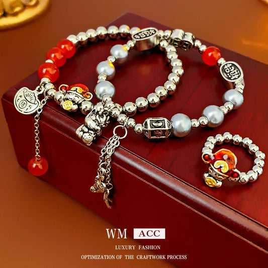 Bracciale da donna personalizzato a forma di drago in smalto con carattere "Fu" e perla, accessorio festivo di Capodanno in lega galvanizzata