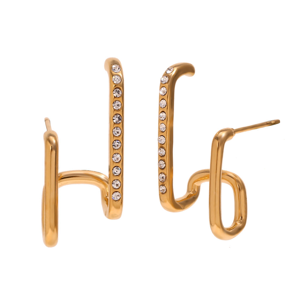 Minimalist Geometric Stainless Steel Earrings with 18K Gold Plating for Women Asymmetric Double-Layer Studs