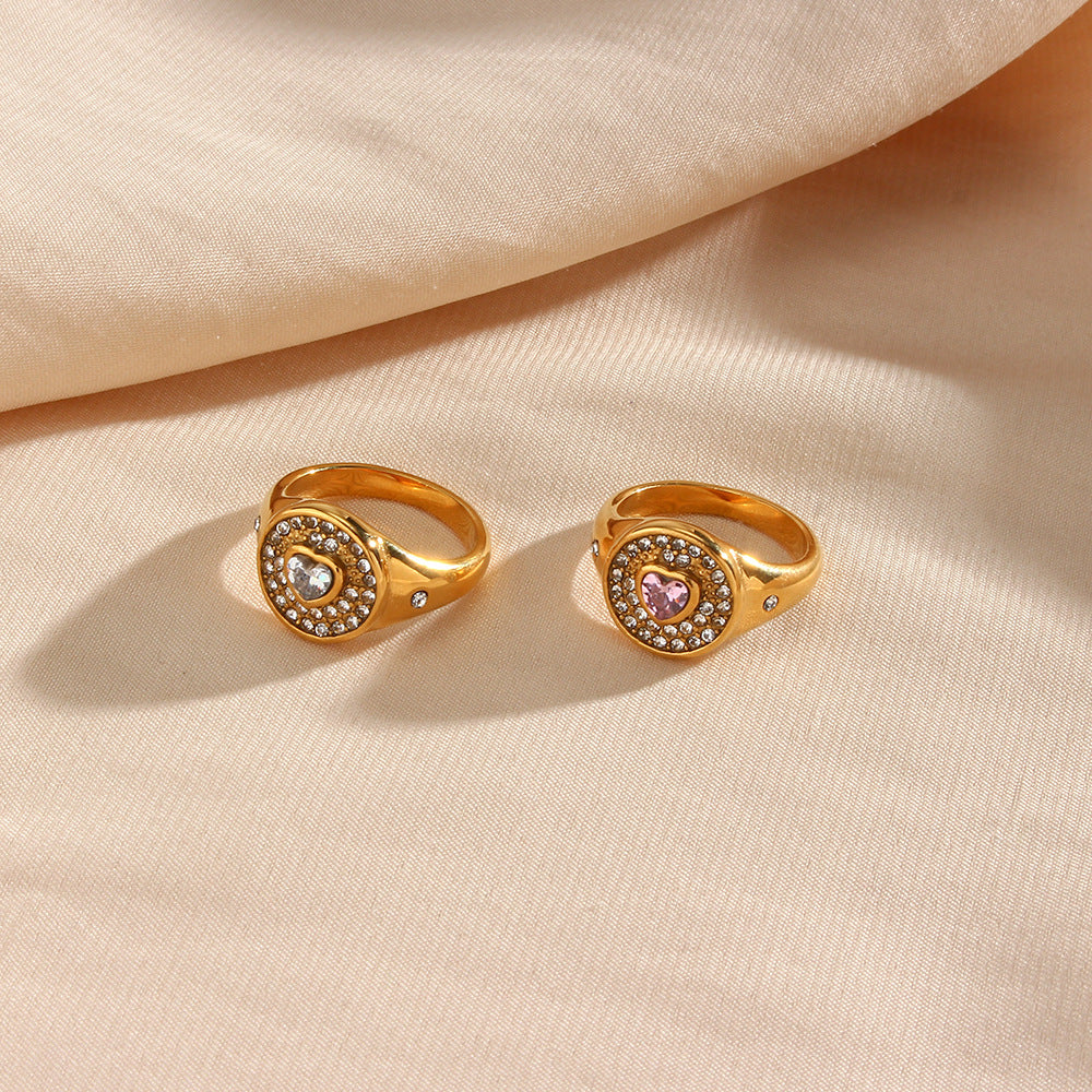 Vintage Minimalist Geometric Stainless Steel Plated 18K Gold Heart-Shaped Zircon Ring for Women