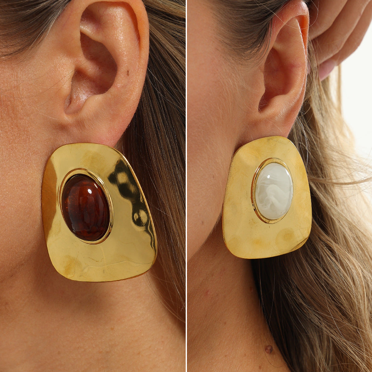 Vintage Geometric Square Oval Stainless Steel PVD Gradient Resin Earrings for Women
