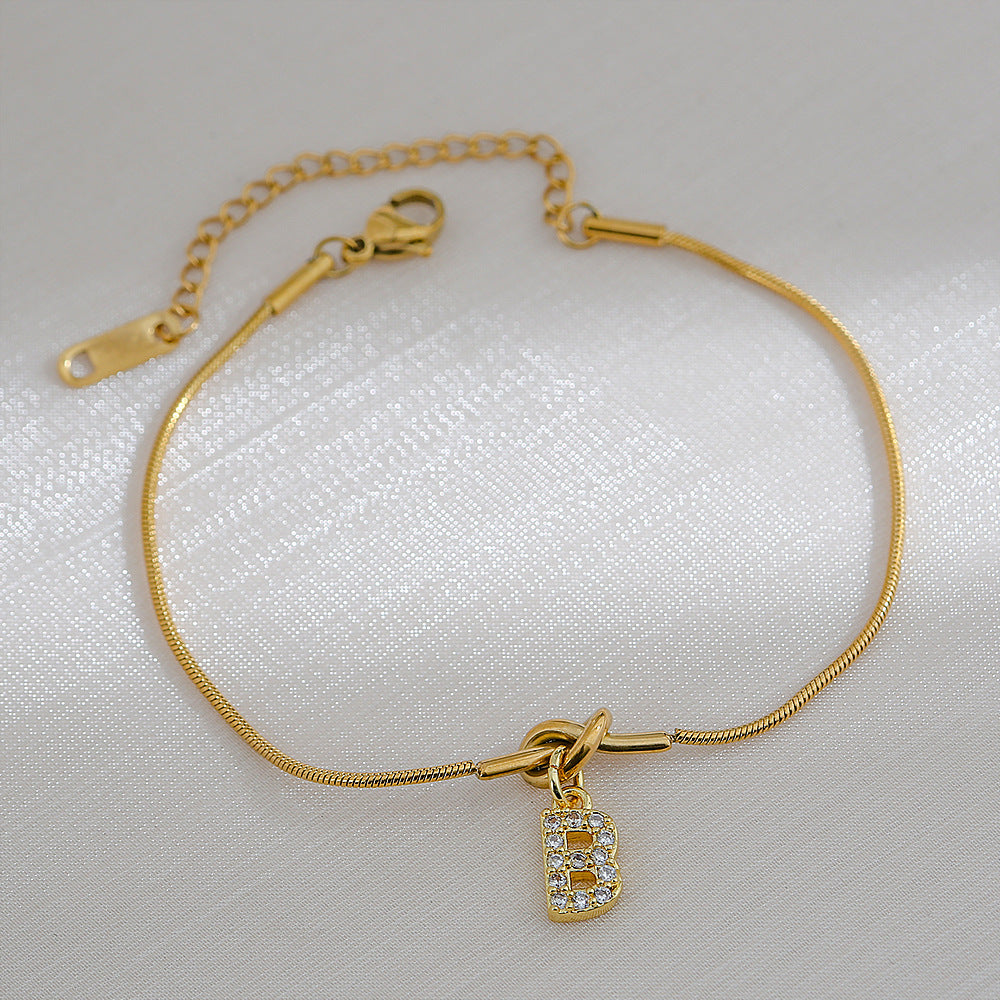 18K Gold Plated Stainless Steel Letter Heart Knot Charm Bar Bracelet for Women