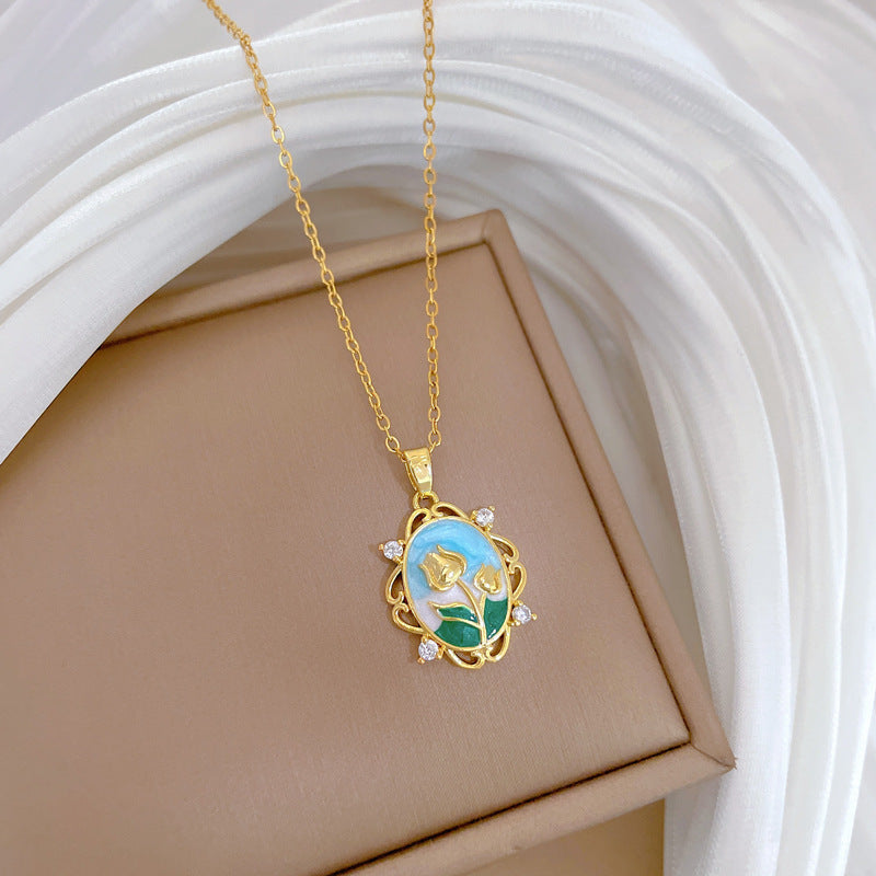 Collana con pendente a luna geometrica minimalista per donna e uomo in acciaio al titanio con intarsio di strass e catena sottile con locket