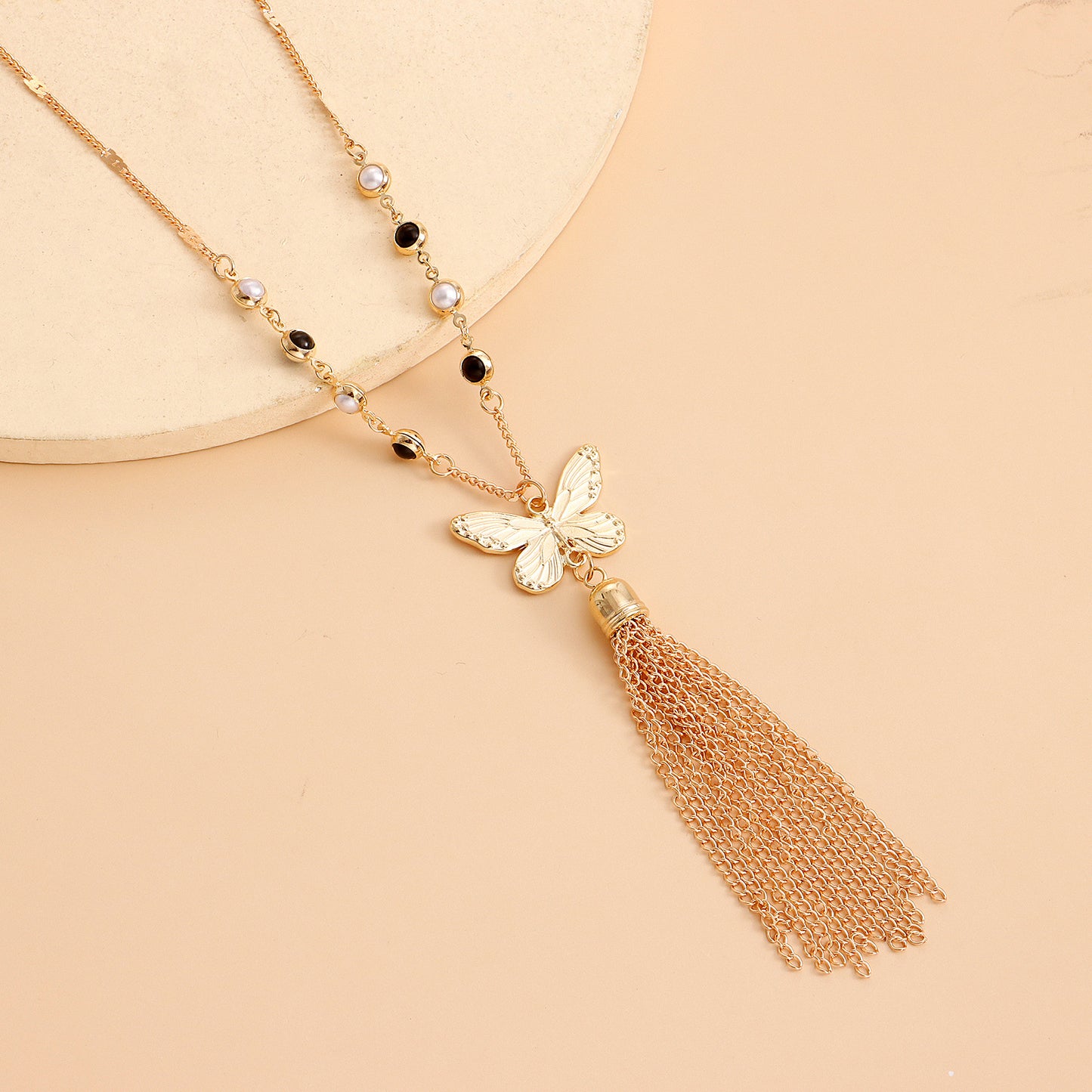 Minimalist Butterfly Pendant Necklace with Long Fringe Tassel for Women Alloy Chain Electroplated Geometric Design Collarbone Layered Sweater Chain