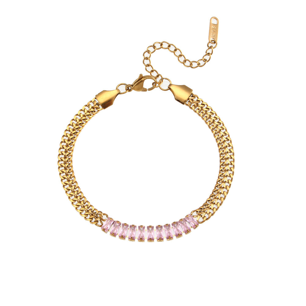 Minimalist Geometric Cuban Link Necklace with Zirconia Pendant and Stainless Steel Chain for Women