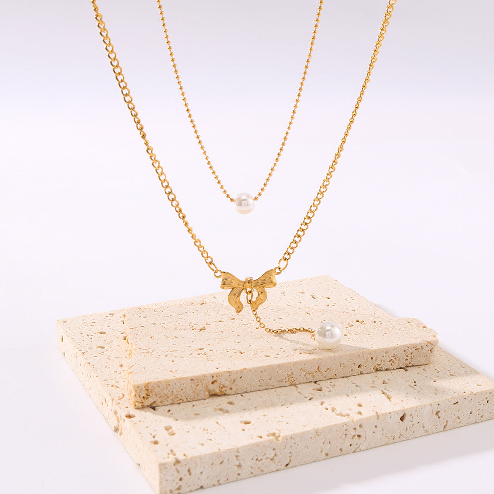 Vintage French Bow Double Layer Necklace with Pearl Pendant in Titanium Steel with 18K Vacuum Plating on O-Chain for Women