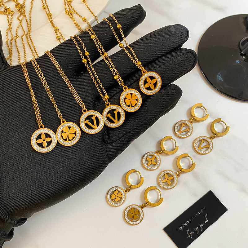 Gold Plated Titanium Steel Micro-Pave Diamond Hollow Round Geometric Necklace and Earring Set