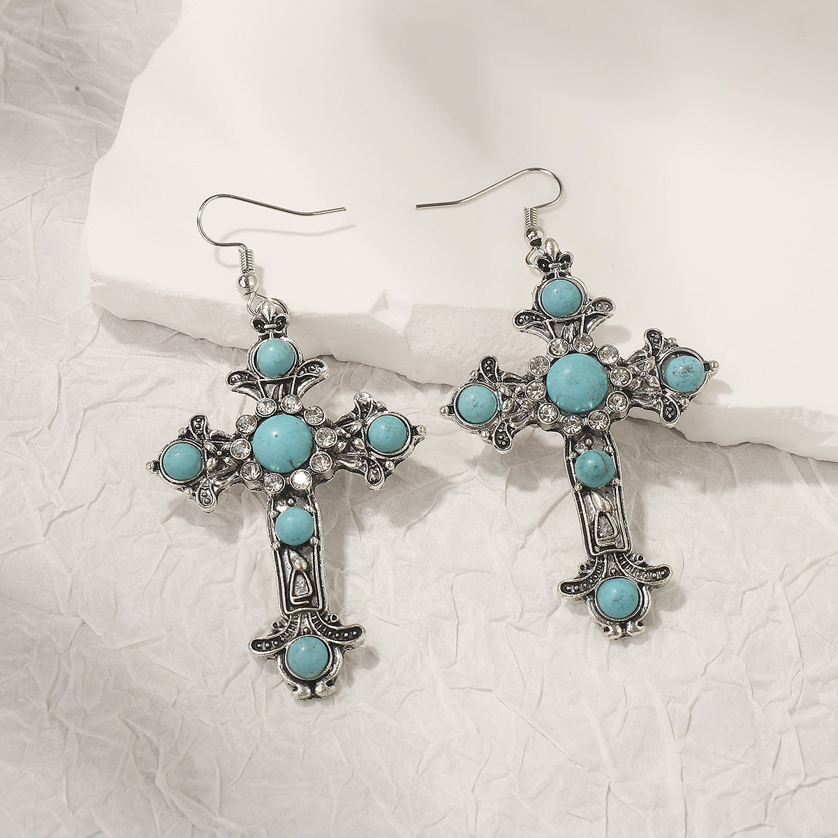 Pendientes de cruz geométrica de turquesa de inspiración vintage en aleación con acabado chapado para mujer