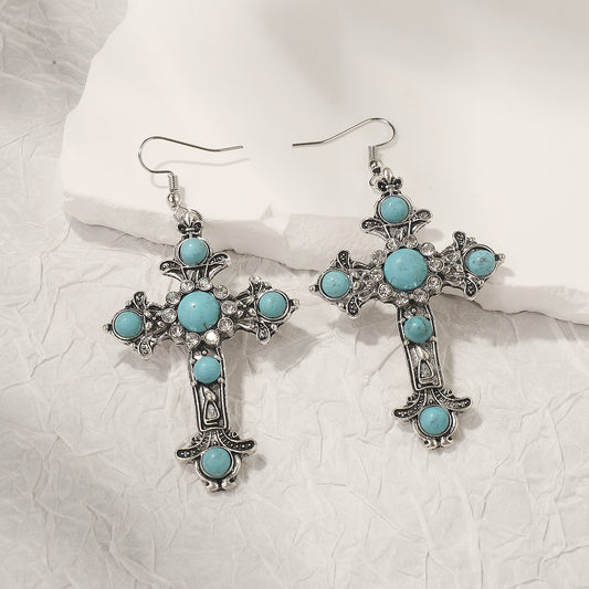 Pendientes de cruz geométrica de turquesa de inspiración vintage en aleación con acabado chapado para mujer