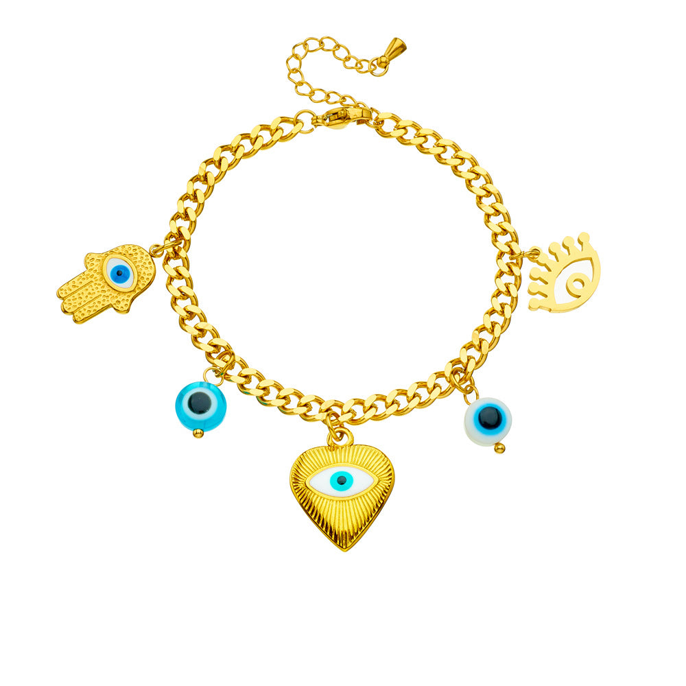Cartoon Drip Oil Heart Evil Eye Pendant Stainless Steel Bracelet for Women