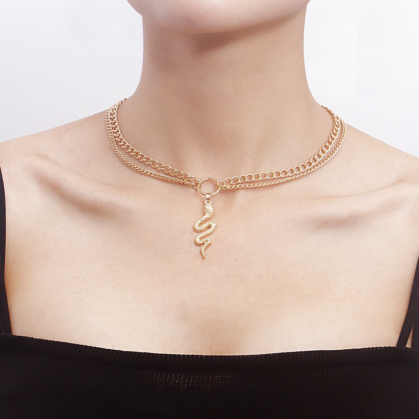 Minimalist Geometric Double-Layer Snake Pendant Necklace in Alloy with Plated Finish for Women