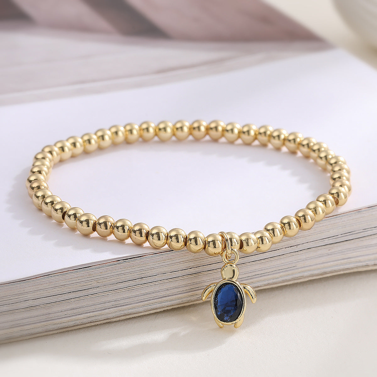 Minimalist Sweet Geometric Brass Gold Plated Cubic Zirconia Turtle Pendant Bracelet for Women