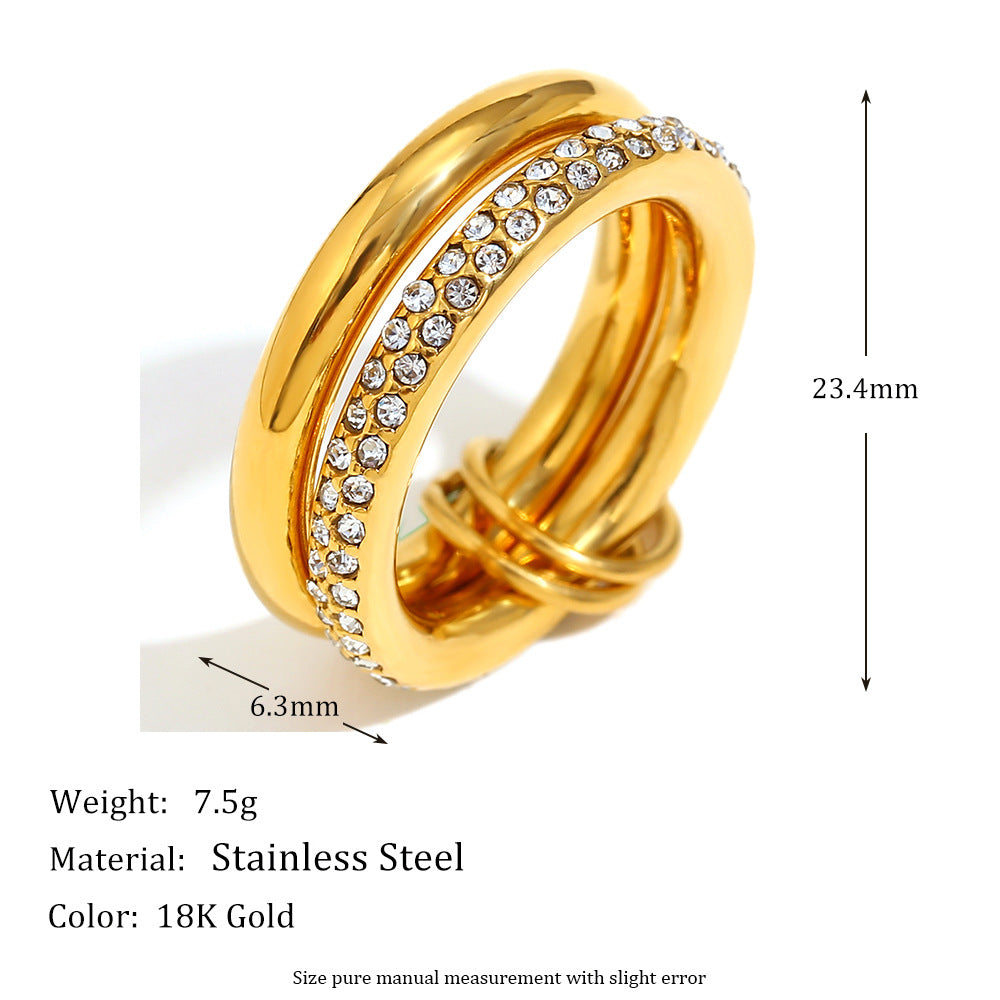 Vintage-Inspired Geometric Stainless Steel Ring with 18K Gold Plating and Rhinestone Accents for Women