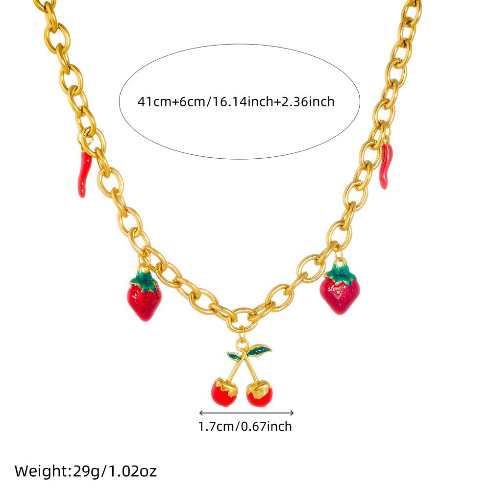 Minimalist Fruit-Shaped Stainless Steel Pendant Necklace with Enamel Finish and O-Chain for Women