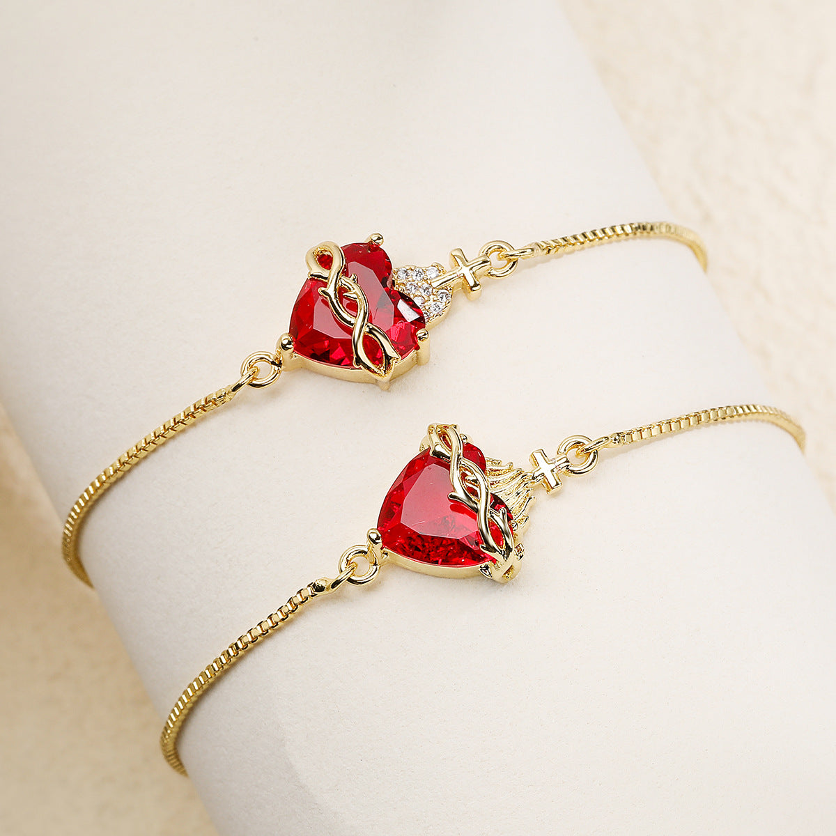 Red Cubic Zirconia Heart Cross Geometric Gold Plated Brass Bracelet for Women
