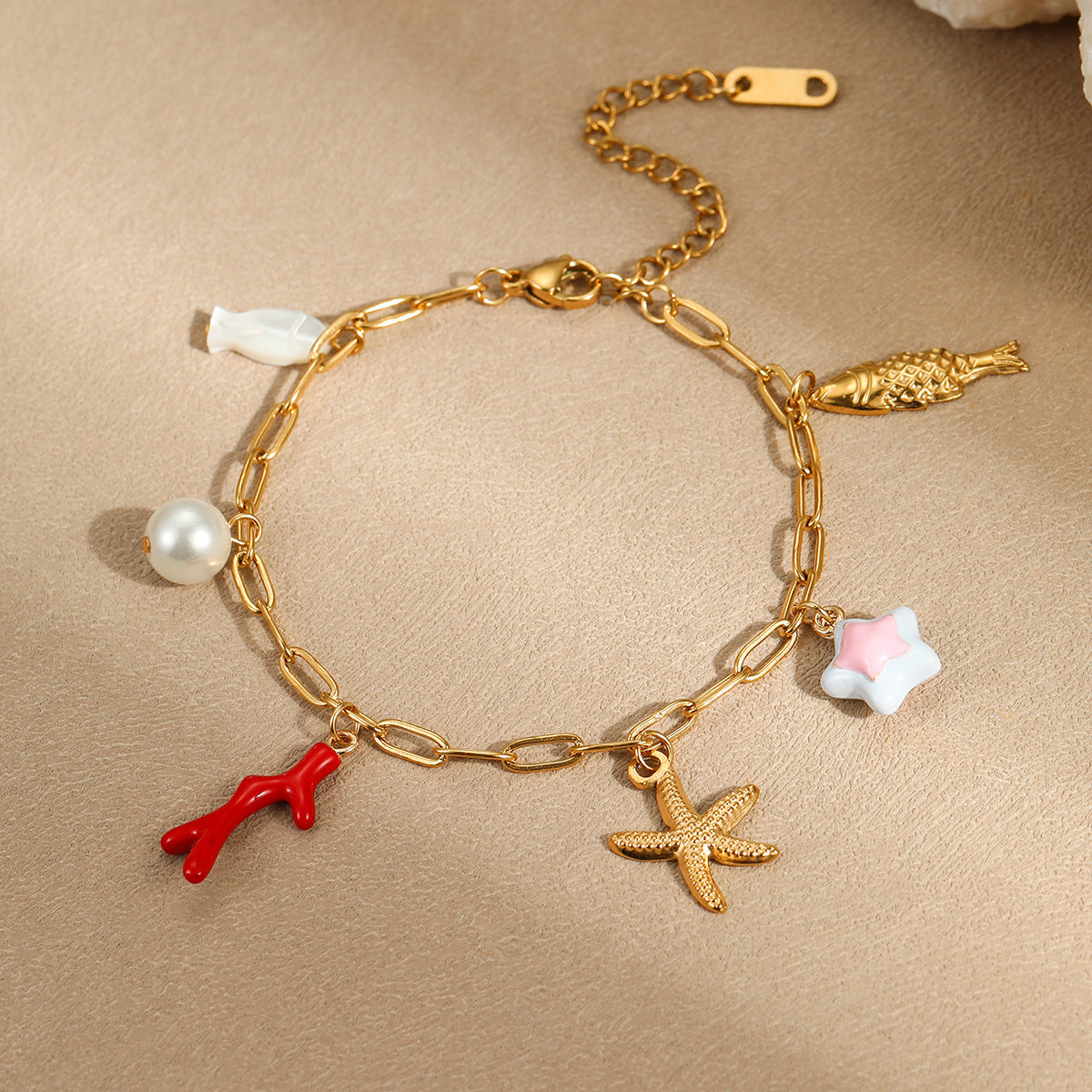 Bracciale con ciondolo a stella marina a tema oceano alla moda in acciaio inossidabile placcato oro 18 carati da donna