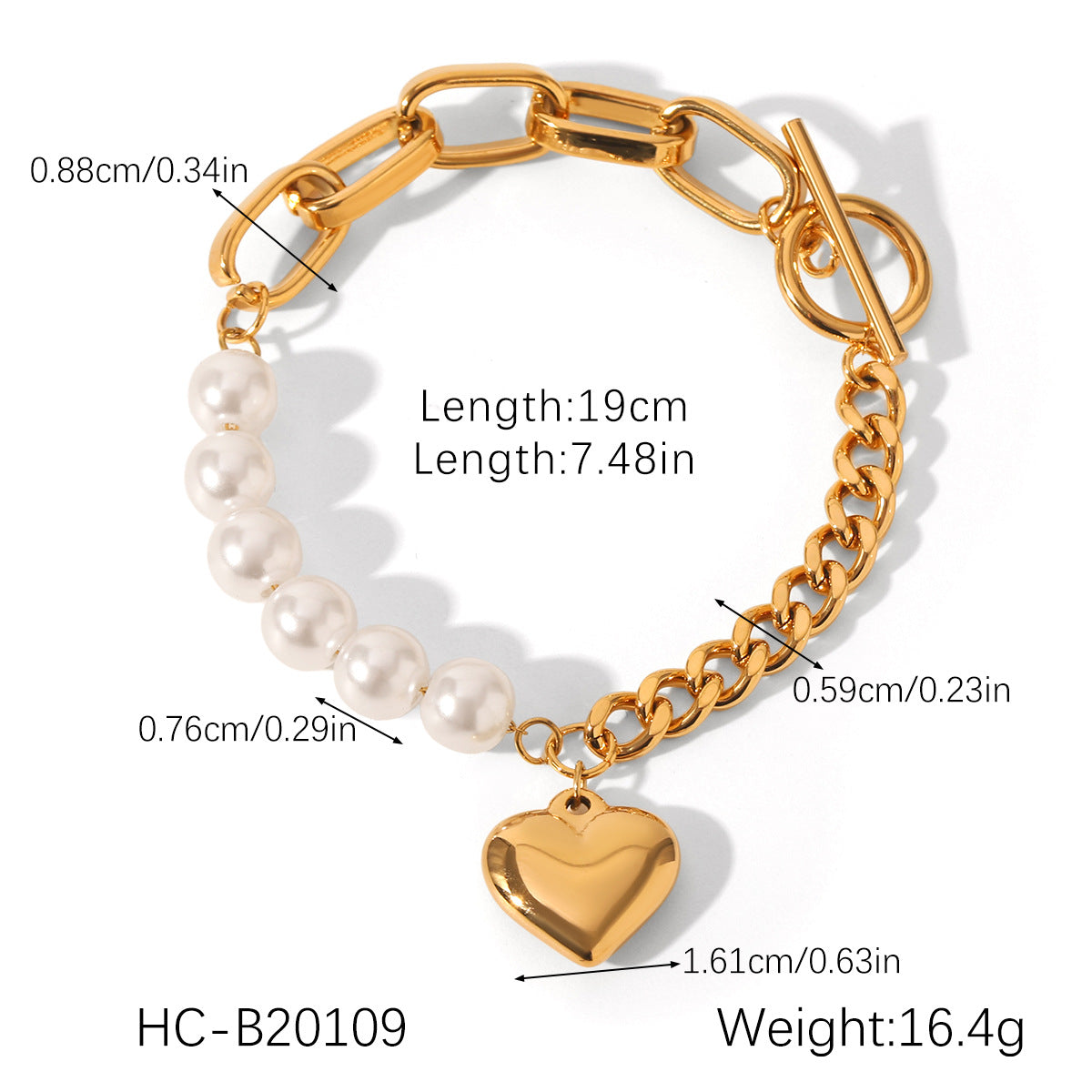 Bracciale Minimalista a Cuore in Acciaio Inossidabile con Dettagli Perla e Chiusura a Gancio per Donna
