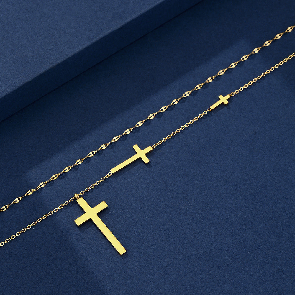 Elegante Collar de Acero de Titanio con Colgante de Cruz para Mujer con Baño de Oro de 18K, Cadena Doble O y Diseño Geométrico