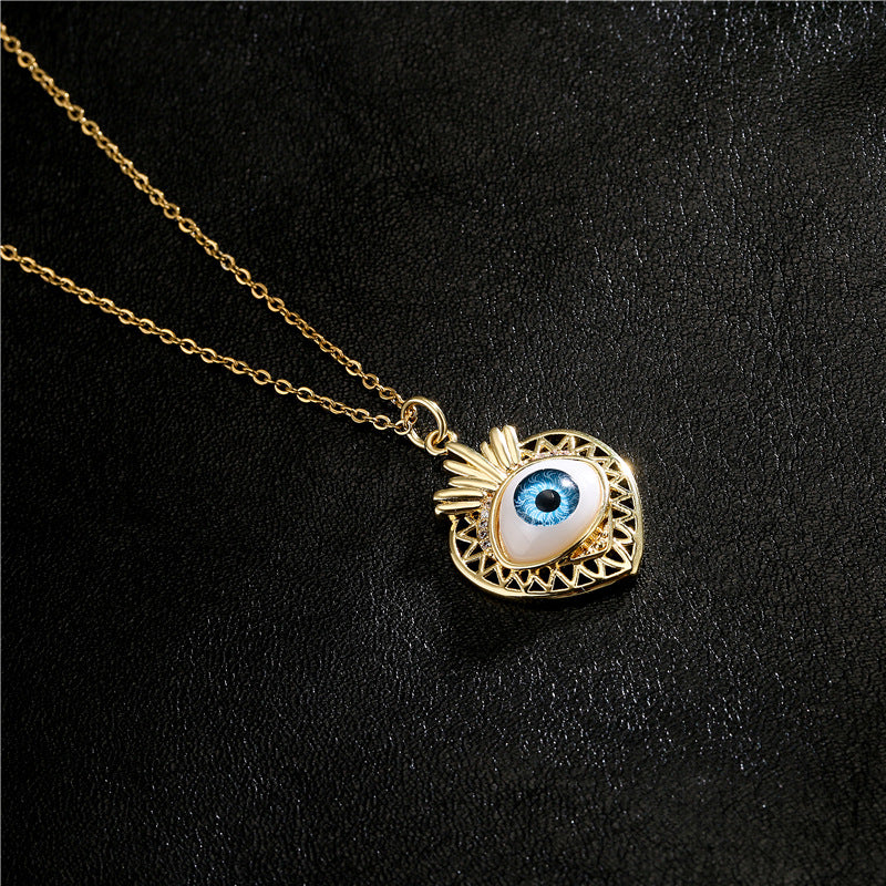 Geometric Fruit Blue Eye Cubic Zirconia Inlay Gold Plated Brass Necklace with Cable Chain