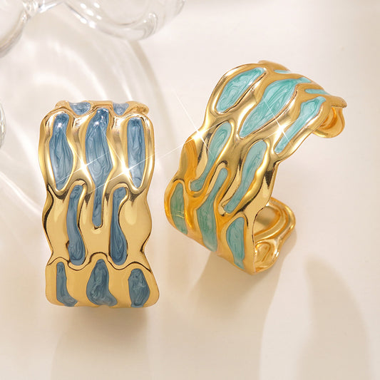 Pulsera de puño abierto de acero inoxidable con diseño geométrico minimalista con goteo de aceite
