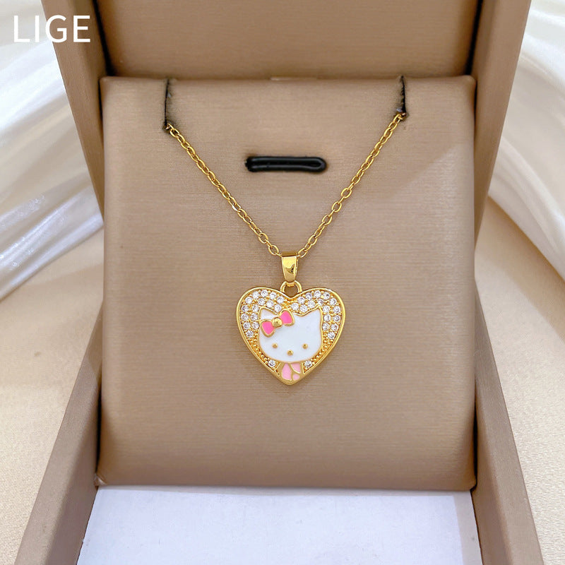 Sweet Heart Cat Drip Oil Rhinestone Pendant Necklace Titanium Steel Cable Chain