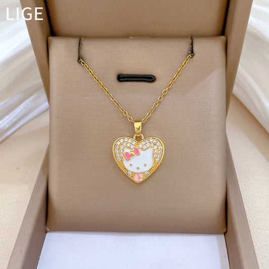 Sweet Heart Cat Drip Oil Rhinestone Pendant Necklace Titanium Steel Cable Chain