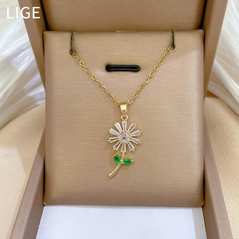 Minimalist Leaf and Floral Pendant Necklace for Women with Rhinestone Inlay on Titanium Steel Snake Chain