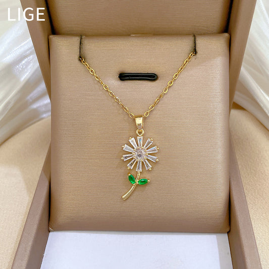 Minimalist Leaf and Floral Pendant Necklace for Women with Rhinestone Inlay on Titanium Steel Snake Chain
