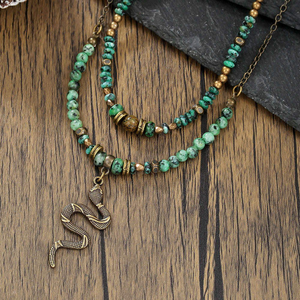 Vintage Bohemian Geometric Snake Alloy Pendant Necklace with Turquoise Beads for Women