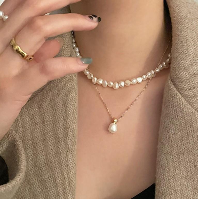 Natural Minimalist Geometric Pearl Accent 925 Sterling Silver Necklace