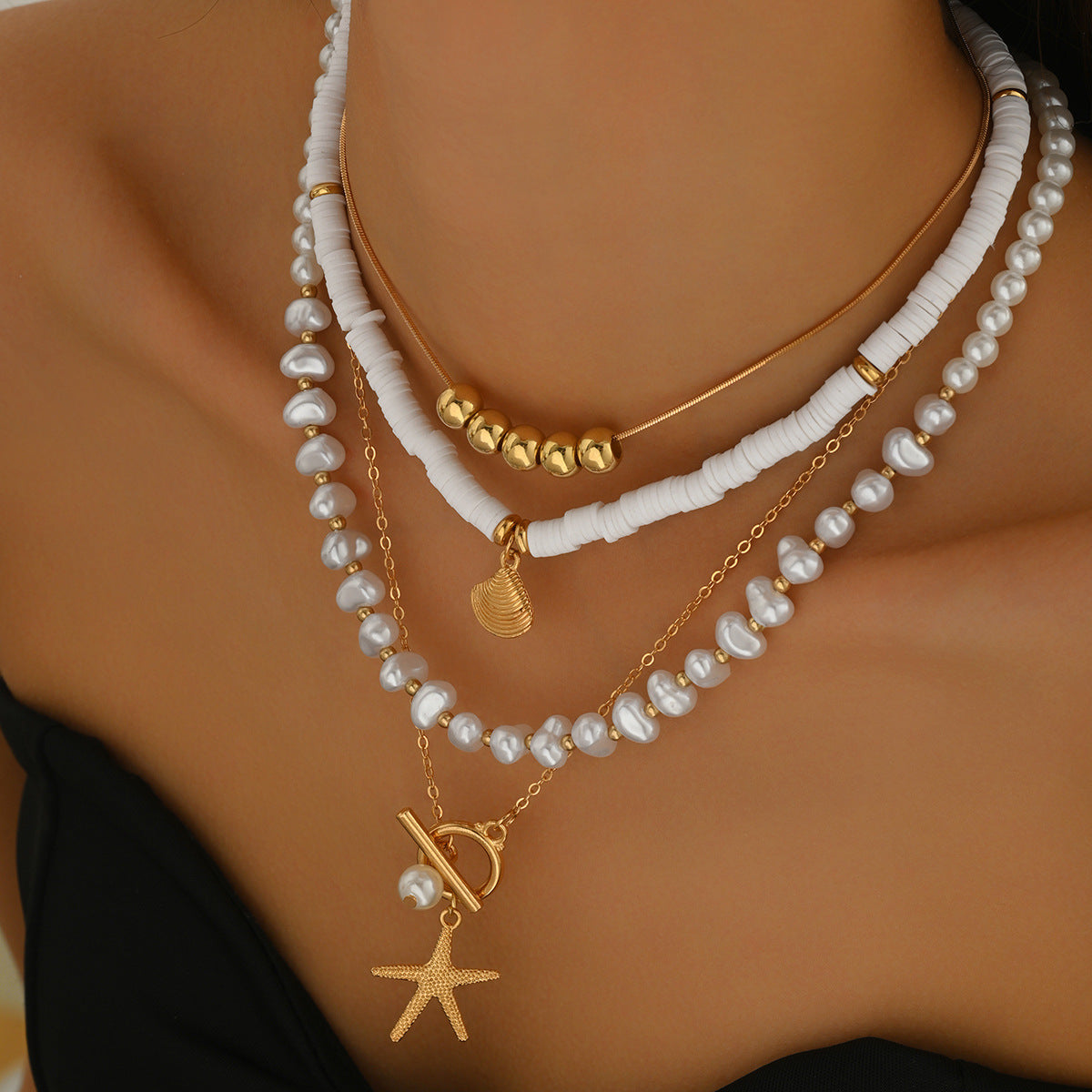 Minimalist Geometric Long Clavicle Necklace Set for Women with Pearl and Shell Pendant Zinc Alloy Chain