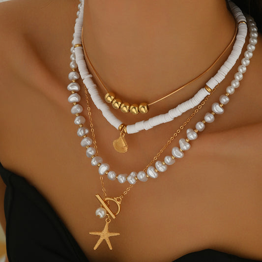 Minimalist Geometric Long Clavicle Necklace Set for Women with Pearl and Shell Pendant Zinc Alloy Chain