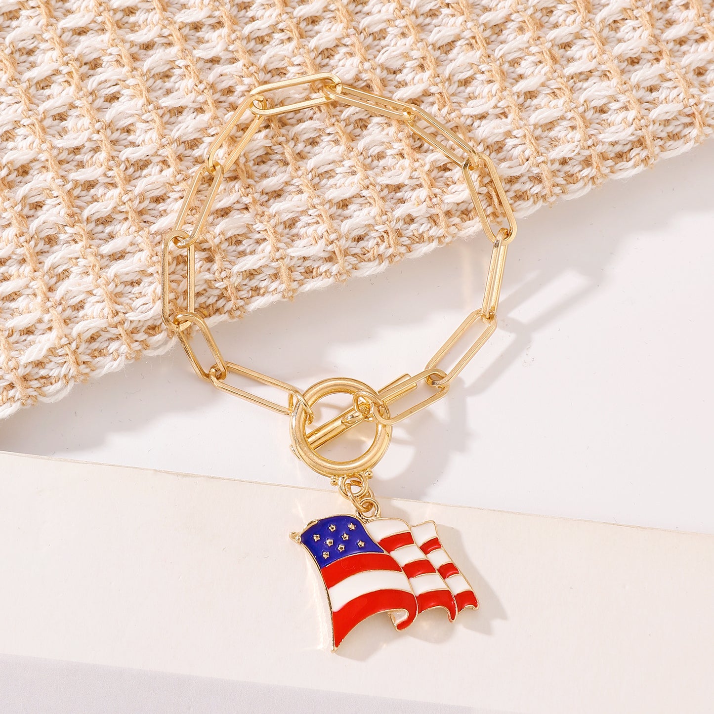 Patriotic Resin Beaded Bracelet Set with Heart Star Letter Charms and Rhinestone Accents